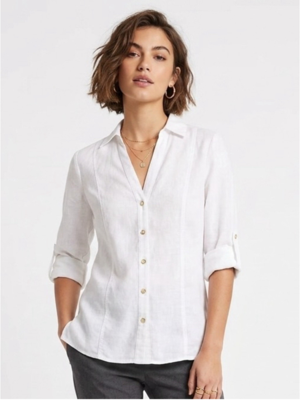 Women's ZARA White Linen Blend Roll Tab Sleeve Button Down Shirt Small - 707